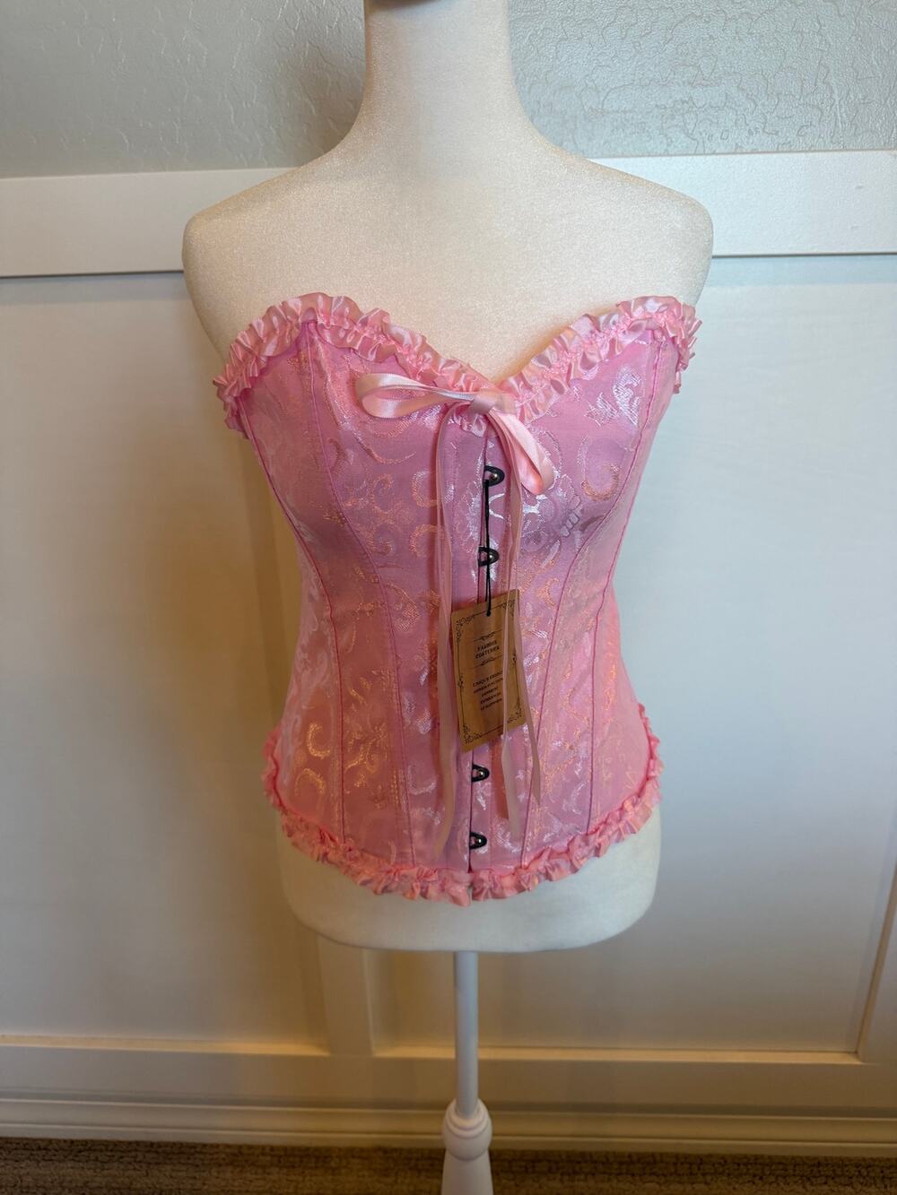 Pink Floral Brocade Corset Top Lace Up Bustier Ruffle Size S NWT